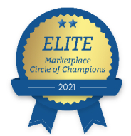 A blue and yellow ribbon with the words " elite marketplace circle of champions 2 0 2 1 ".