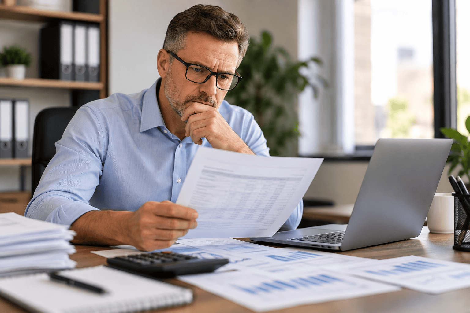 Business owner reviewing financial documents and operating expenses.